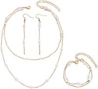 TTPSRY Parure Bijoux Femme Perle Élégante Collier Bracelet Boucles d'Oreilles Ensemble Chaîne Dorée Multicouche Parures pour Femme Accessoires Mode Mariage Cadeau Anniversaire Fête
