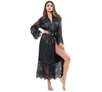 TTPSRY Robe de Chambre Femme Peignoir Satin Long Kimono Dentelle Manches Transparentes Ceinture Ajustable Vêtement de Nuit Élégant Chambre à Coucher Confortable