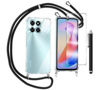 TTSWJBD Coque pour Honor X6a avec Verre Trempé Protection écran Cordon de Collier Réglable Chaîne Antichoc Transparente Silicone Lanyard Case, Housse Étui de Protection - Noir