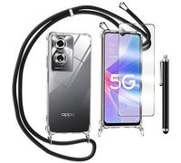 TTSWJBD Coque pour Oppo A59 5G avec Verre Trempé Protection écran Cordon de Collier Réglable Chaîne Antichoc Transparente Silicone Lanyard Case, Housse Étui de Protection - Noir