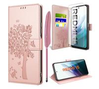 TTSWJBD Coque pour Xiaomi Redmi 15 4G / 5G avec Verre Trempé, Étuis Rabat Folio Anti-Choc Protection Housse Cuir PU Portefeuille [Fermeture Magnétique][Emplacements Cartes][Stand Feature] - Rose Pâle