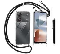 TTSWJBD Coque pour ZTE Blade A34 avec Verre Trempé Protection écran Cordon de Collier Réglable Chaîne Antichoc Transparente Silicone Lanyard Case, Housse Étui de Protection - Noir