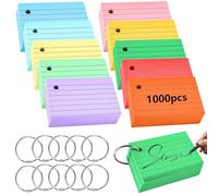 TTYSHIP® 1000 Pièces Flash Cards, Flashcards A8 avec 10 Anneaux de Reliure, 7,4x5,1cm Fiche de Revision pour École Bureau Maison Étude Notes (10 Couleurs)