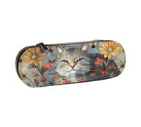 ttyuac Trousse à crayons drôle avec imprimé chats, oiseaux et fleurs, étui rigide en similicuir pour papeterie, articles de toilette, maquillage, voyage, fournitures de bureau, Chats et fleurs drôles