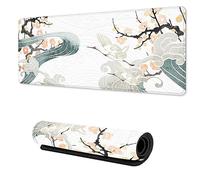 TUBAMQ Tapis de souris de jeu motif vague japonaise - 80 x 40 cm - Base en caoutchouc antidérapante - Bords cousus - Pour bureau, maison et jeux