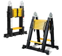 Tubiaz 5M Alu Télescopique Escabeau Pliable Multifonctions avec 2 Roues, 2.5+2.5M Pliable Escabeau Jusqu'à 150 kg de Charge - Jaune Noir