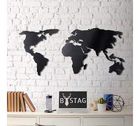 Tubibu World Map Art mural 100% métal Carte du monde 2D, Sculpture, grande et large - Taille 60 x 120 cm - Suspension murale pour salon, chambre, dortoir noir