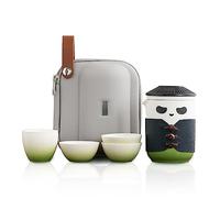 TUCHACA Ensemble de thé de voyage, tasse à thé Panda mignon avec sac de transport, 350ml céramique Kung Fu théière avec 4 tasses à thé en céramique avec filtre à thé. (Vert)
