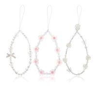 Tucnoeu Lot de 3 bracelets de téléphone perles de cristal, nœud, papillon et fleur - Accessoires pour femmes et filles - Sac à breloques et clés (blanc, rose)