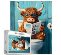 Tucoco Store Puzzle de vache des Highlands avec journal assis sur un siège de toilettes 1 000 pièces, pour adultes, puzzle de bricolage coloré pour la décoration de la maison, jeu difficile pour les