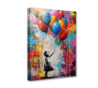 Tucocoo Art Mural Moderne, Image de Fille aux Ballons Colorés, Peinture d'Art Pop de Rue Banksy, Œuvre d'Art Moderne sur Toile 1 Pièce, Décoration Maison pour Salon, Poster Encadré Prêt à Accrocher