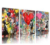 Tucocoo Banksy Lot de 3 toiles murales abstraites à graffiti colorées représentant une petite fille - Œuvre d'art moderne pour salon, chambre à coucher, bureau - Cadeau encadré et prêt à être accroché