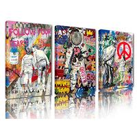 Tucocoo Décoration de bureau pour homme Banksy - Images colorées abstraites astronautes - Toile à 3 panneaux - Graffiti - Art mural moderne - Décoration d'intérieur pour salon encadrée prête à