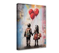 Tucocoo Décoration murale pour salon Petite fille et garçon Images de rue Ballon rouge Peinture 1 panneau sur toile Banksy Graffiti Art mural Oeuvre d'art Décorations de maison Cadre en bois prêt à