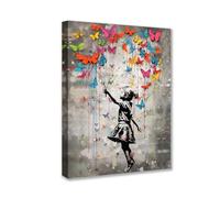 Tucocoo Grande toile de peintures à thème Banksy Little Girl - 1 panneau - Motif papillon - Graffiti - Art moderne pour chambre à coucher - 61 x 91,4 cm, Wall Art-Pop Art-60-7