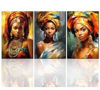 Tucocoo Grande œuvre d'art moderne pour mur - Belle image de portrait de fille noire - Peintures de femmes africaines - 3 panneaux sur toile - Décoration d'intérieur encadrée - Prêt à accrocher -