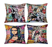 Tucocoo Housse de coussin décorative avec graffiti de rue de Banksy, image de câlins, Mona Lisa, 18x18 pouces. Ensemble de 4 housses de coussin astronaute, petit garçon et fille s'embrassant, pour