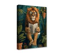 Tucocoo Image drôle de lion sur toilette en toile Art mural Animal lisant un journal Image 1P Affiches d'impressions de plantes tropicales Mignonnes Oeuvre d'art moderne pour décoration de salon