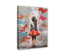 Tucocoo Impression giclée sur toile de peintures à thème papillon coloré Banksy Girl Street Graffiti - Œuvre d'art moderne encadrée et prête à être accrochée - 30,5 x 40,6 cm