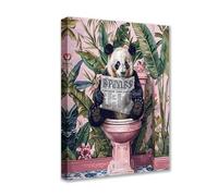 Tucocoo - Impression sur toile de style panda mignon sur toilettes lisant le journal - Image 1P avec plante tropicale - Posters et impressions - Œuvre d'art moderne pour salon, chambre à coucher