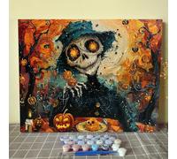 Tucocoo Kit de peinture par numéro Happy Halloween Night pour adultes sur toile avec tête de mort, citrouille, château, peinture acrylique, pinceau, astuce ou bande de roulement - Décoration murale