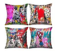 Tucocoo - Lot de 4 housses de coussin décoratives imprimées œuvres de Banksy colorées avec inscription « Follow Your Dreams », pour canapé, décoration d'intérieur, 45 x 45 cm