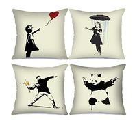 Tucocoo - Lot de 4 housses de coussin décoratives imprimées œuvres de Banksy noirs et blanches, pour canapé, lit, voiture, décoration d'intérieur, 45 x 45 cm