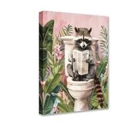 Tucocoo Mignon Raton Laveur sur Toilette Toile Décoration Murale Animal Lecture de Journal Image 1P Plantes Tropicales Affiches Impression Oeuvre d’Art Moderne pour Salon Chambre Décoration de la