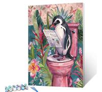 Tucocoo Peinture par numéros Pingouin sur toilette, pour adultes et débutants, kits de peinture à l'huile DIY sur toile avec pinceaux et pigment acrylique, animaux amusants, image de salle de bain