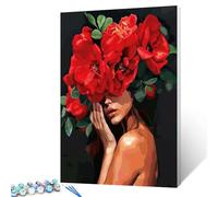 Tucocoo Peinture par numéros pour femmes avec fleurs sur la tête pour adultes débutantes, peinture corporelle féminine, fleur rouge, ensemble de peinture à l'huile acrylique pour décoration