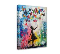 Tucocoo Peintures Décoratives Papillons Colorés Images 1 Panneau Toile Petite Fille Style Banksy Art Mural Graffiti Œuvre d'Art Moderne Décoration Maison pour Salon Gi Encadrée Prête à Accrocher