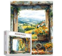 Tucocoo Puzzle 1000 Pièces pour Adultes - Peinture sur Champ de Fleurs - Fenêtre de Campagne avec Paniers - Jeu d'Activités Familiales à Faire Soi-Même