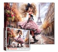 Tucocoo Puzzle de 1000 pièces pour adultes avec design de fille parisienne et de caniche, puzzle artistique avec la Tour Eiffel, scène de rue romantique parisienne, cadeau stimulant et