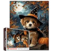 Tucocoo Puzzle mignon chiot et citrouille de 1000 pièces pour adultes, puzzle château d'Halloween pour adultes, chien portant un chapeau de sorcière, parfait pour les soirées de jeu