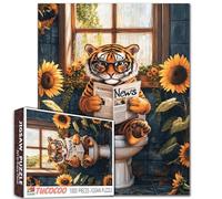 Tucocoo Puzzle mignon tigre sur les toilettes pour adultes - 1000 pièces - Lunettes d'animaux amusantes pour lire des journaux et des tournesols - Jouets éducatifs pour adolescents - Décoration murale