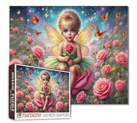 Tucocoo Rose Fairy Puzzle de 1000 pièces, Elfe assis sur une fleur avec des papillons - Puzzle fantastique pour la relaxation et le soulagement du stress, scène magique