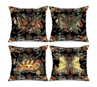 Tucocoo Throw Pillow Housses de Coussin 3 Housses de Coussin décoratives Vintage 45 x 45 cm - Lot de 4 Housses de Coussin Soleil Lune avec trésors forestiers fougères Champignons Fleurs botaniques