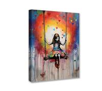 Tucocoo Toile murale à 1 pièce - Image de petite fille balançoire de Banksy Street Pop Art - Œuvre d'art contemporain - Décoration d'intérieur pour salon - Encadrée en bois - Prête à être accrochée -