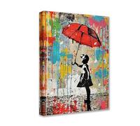 Tucocoo Toile murale contemporaine Banksy Girl Red Umbrella Pictures Colorful Street Pop Art Peintures à 1 panneau Œuvre d'art moderne Décoration d'intérieur pour salon Cadre en bois prêt à accrocher