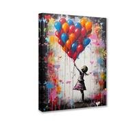 Tucocoo Toile murale tendue et prête à être accrochée - Impression giclée sur toile de Banksy Little Girl Street Pop - Peinture giclée à motif ballons colorés - 30,5 x 40,6 cm