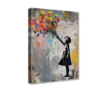 Tucocoo Œuvre d'art pour murs de la maison, images de fille de Banksy, fleurs colorées, graffiti, 1 panneau, toile abstraite, art de rue moderne, décoration d'intérieur pour salon, encadrée, prête à