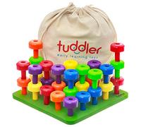 Tuddler Pegs Educational Board: Ensemble de Chevilles empilables de Couleur vive/Jouet éducatif Montessori pour Enfants + Carte modèle + Sac à Dos pour Transport et Rangement faciles + ebook