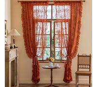 TUDECO Rideaux transparents en terre cuite de 243 cm de long - Rideaux brodés à volants pour salle à manger, superbe filtrage de la lumière, passe-tringle, décoration orange brûlé, Action de grâce