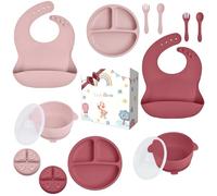 TudoBem Coffret Repas Bébé Silicone [10 Pièces] - 2 Assiettes Ventouse, 2 Bols Antidérapants, 2 Bavoirs avec Récupérateur, 2 Couverts Souples - Double Set Pratique pour DME et Auto-Alimentation