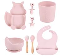 TudoBem Coffret Repas Bebe Silicone [8 Pièces], Assiette Ventouse pour Bébé + Bavoir Ajustable + Bol Antidérapant + Cuillere/Fourchette 1er âge et 2ème Age + Verre, Cadeau Naissance (Rose)