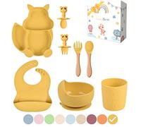 TudoBem Coffret Repas Bebe Silicone [8 Pièces], Assiette Ventouse pour Bébé + Bavoir Ajustable + Bol Antidérapant + Cuillere/Fourchette 1er âge et 2ème Age + Verre, Cadeau Naissance (Jaune)
