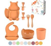 TudoBem Coffret Repas Bebe Silicone [8 Pièces], Assiette Ventouse pour Bébé + Bavoir Ajustable + Bol Antidérapant + Cuillere/Fourchette 1er âge et 2ème Age + Verre, Cadeau Naissance (Orange)