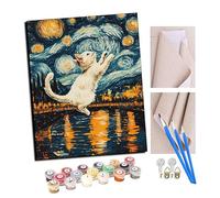 TUDOUTU Peinture par numéros Peindre par Nombre avec des 4 brosses Kits à Peinte Cadeau de Peinture à l'huile pour Adultes Le mignon chaton de Van Gogh sous le ciel étoilé (2) 40x50cm Avec cadre