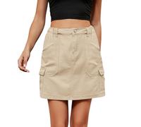 TUDUZ Jupe Courte Droite Haute Unie pour Femme avec Poches, idéale pour l'été, Taille Moyenne (Khaki, XXL)