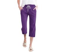 TUDUZ Pantalon de Jambe Large de Taille des Femmes, Cordon de Serrage, élastique, Confortable, Jambe Droite, Pantalon léger 3/4 d'été élastique avec Poches (Purple, L)